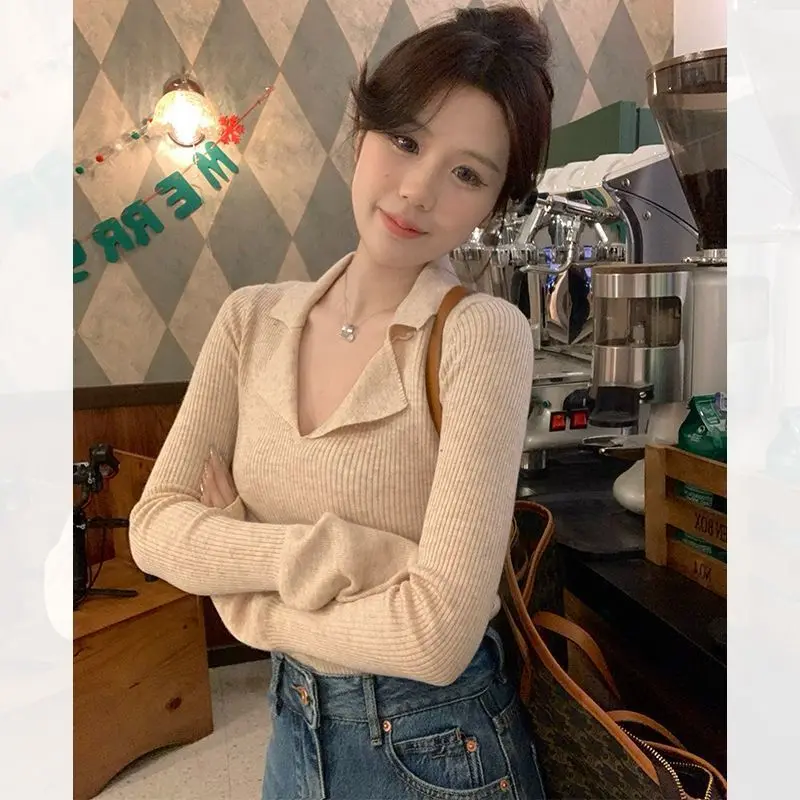 

New Slim Fit Inner Layer Thin Turn-Down Collar Base Shirt Trendy TopPOLOWomen's Long Sleeve Knitted Sweater2025Early Autumn