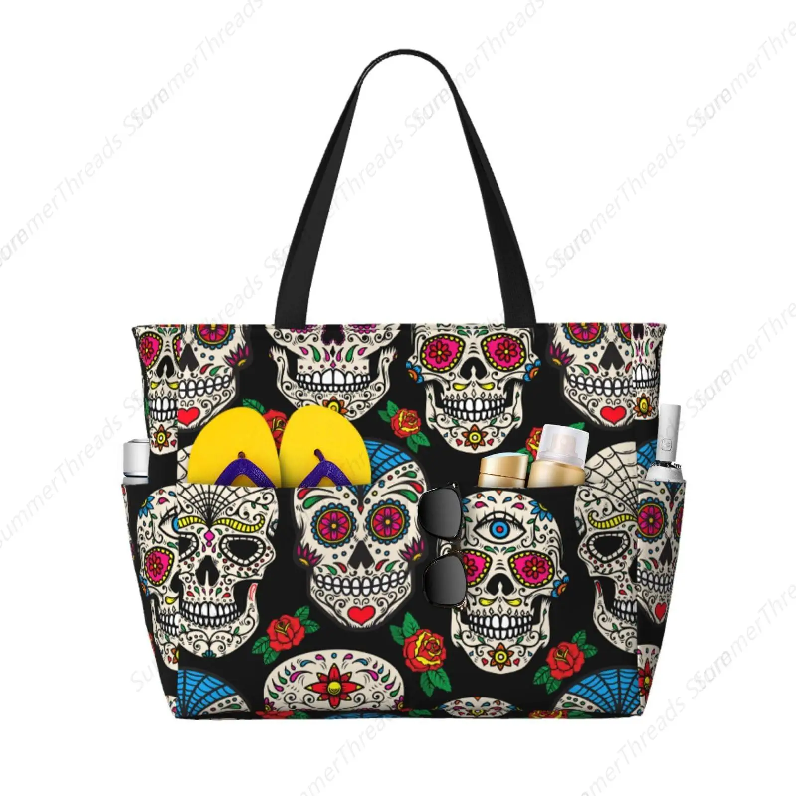 

Sugar Skull Bags for Women, Large Waterproof Beach Tote Bag Zipper Beach Bags Waterproof Sandproof Swim Pool Bag Large Totes
