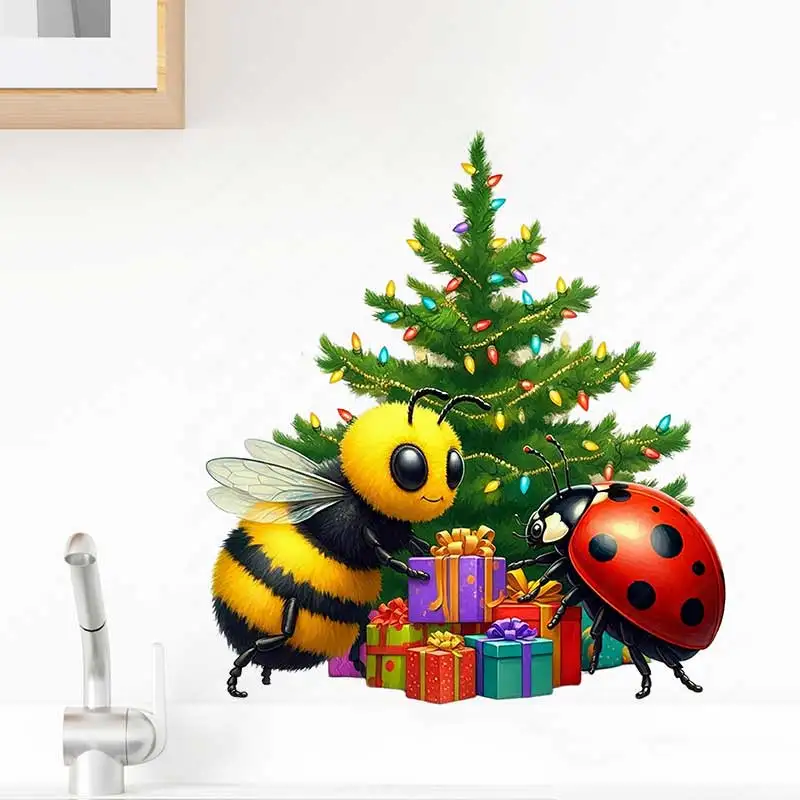 Bee Christmas Wall Sticker Toilet Lid Stickers, Bedroom Entrance Living Room Porch Home Decora Waterproof Decals Stickers S830