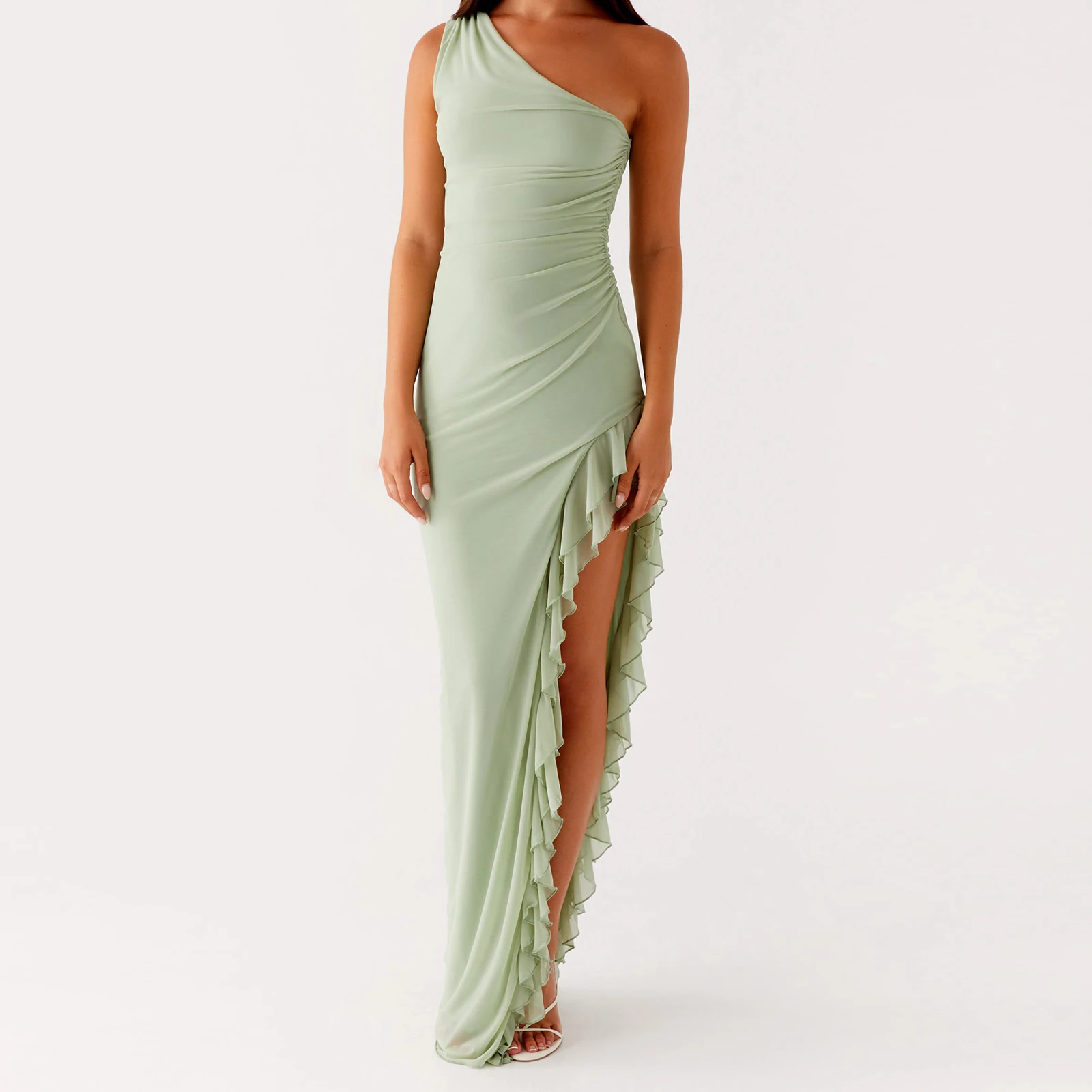 Women's Summer y2k Fairy Sleeveless One Shoulder Dress Solid Color Ruffles Elegant Backless Slim Fit Long Dress Club Party