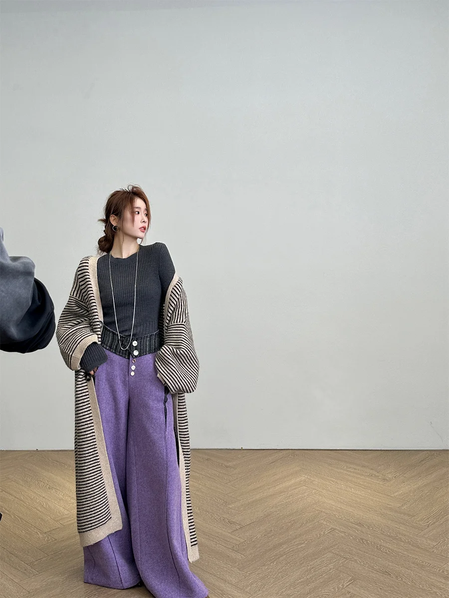 

Вязаный топ Dangdang 'Skin Touch' из мериносовой шерсти с нестандартным подолом, в полоску, с длинными рукавами и круглым вырезом, для повседневной носки