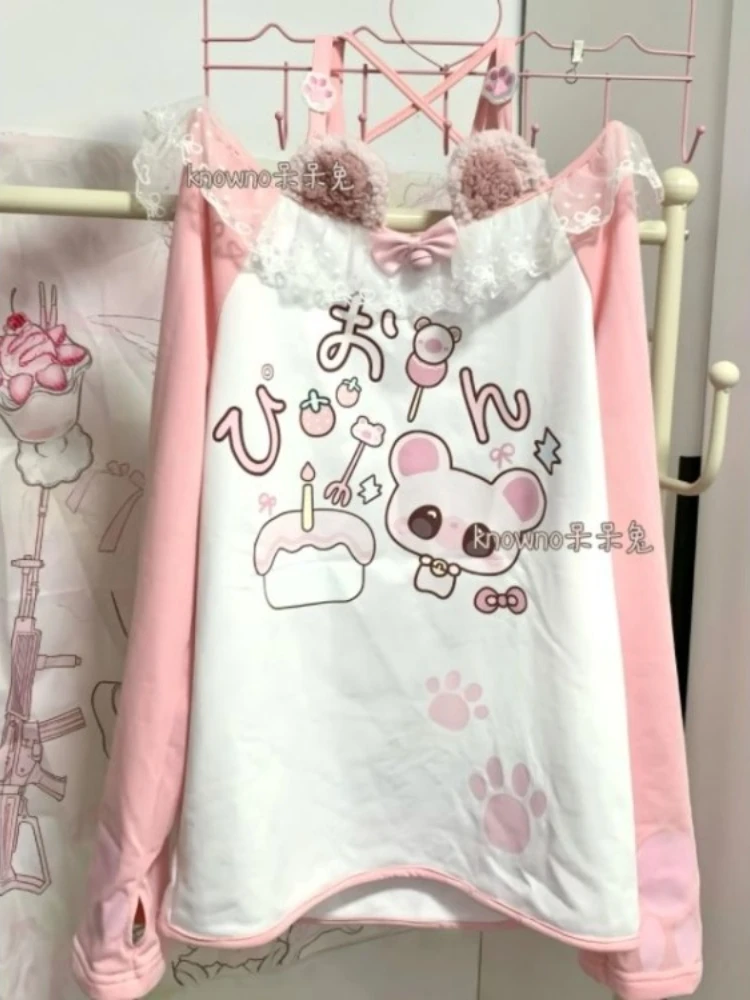 

Patchwork Lace Slash Neck Hoodie Ropa Mujer Anime Print Sweet Japanese Sweatshirts 2025 Off Shoulder Cute Y2k Tops