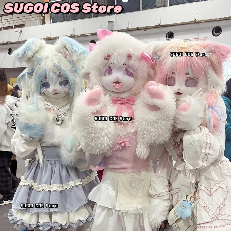 aBcSCS*Fursuit Head Kigurumi Cute Furry Mask Cosplay Helmet Dog Style Paw Tail Furry Headbase Cat Animal Accessories Gloves