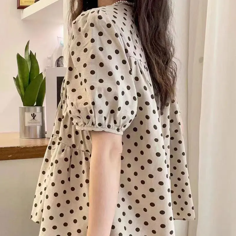 Sweet Korean Polka Dot Shirt Women\'s Clothing Loose Short Sleeve Summer Fashion Shirring Casual Spliced All-match O-Neck Blouse