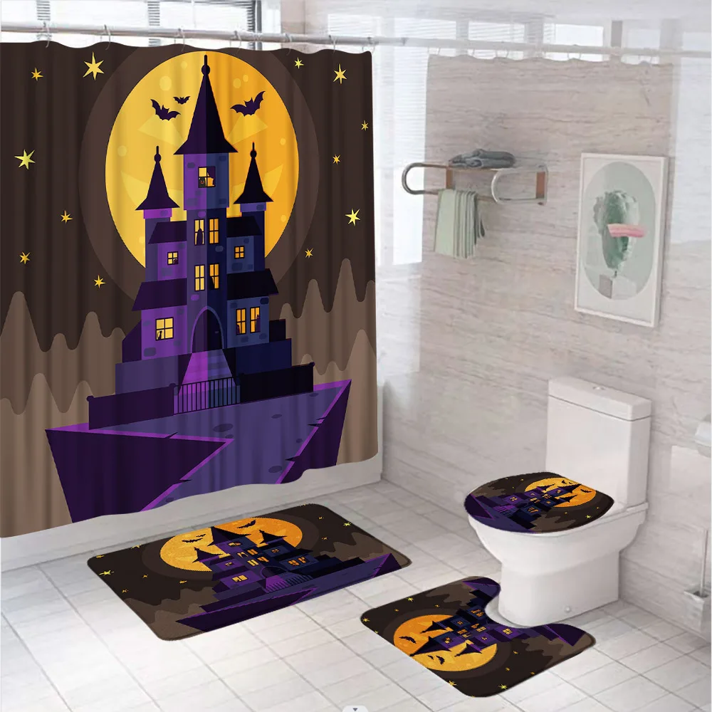 4Pcs Scary Halloween Castle Shower Curtain Sets Non-Slip Rug Toilet Cover Bath Mat Cartoon Bat Full Moon Cat Kids Bathroom Decor