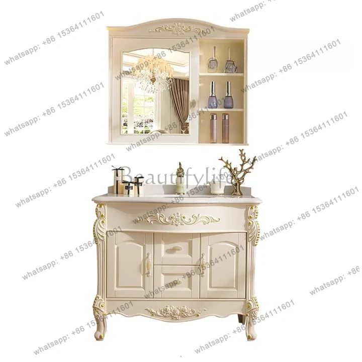 European-style floor-to-ceiling solid wood bathroom cabinet combination bathroom, oak washstand, marble hand wash face basin