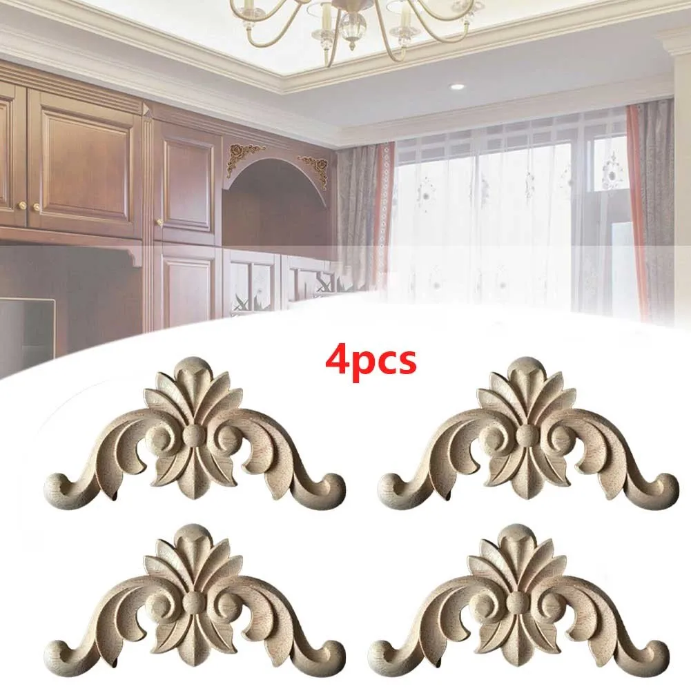 4pc/set Wooden Carved Corner Onlay Applique Furniture Mouldings Decal DIY Corner Onlay Decoration Frame Decor Cupboard Cabinet