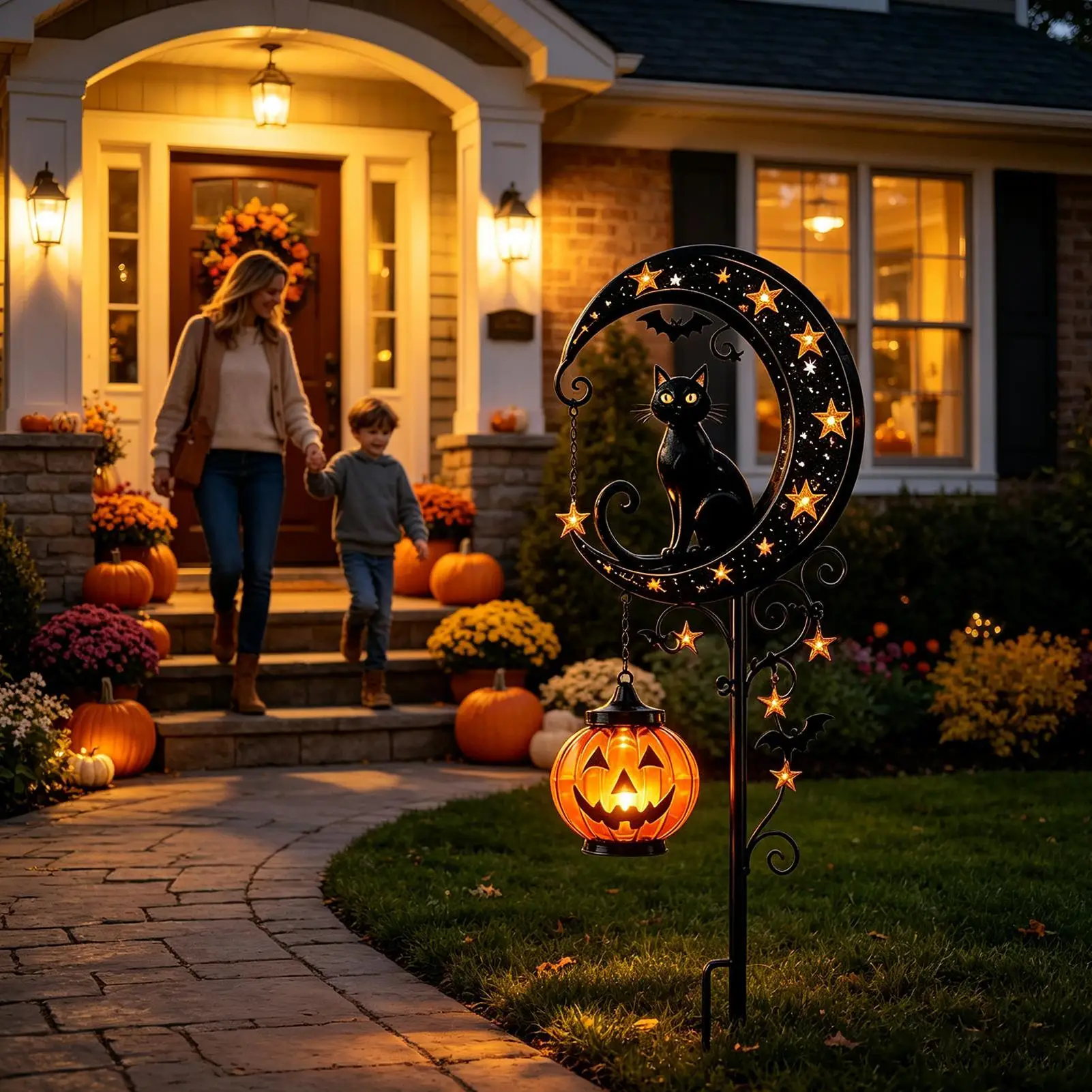 Solar Pathway Light Weather-Resistant Auto On Spooky Lantern Halloween Black Cat Pumpkin Light For Patio Yard Lawn Pathway Porch
