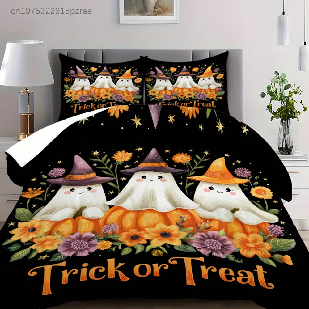 3pcs Halloween Pumpkin Ghost Pattern Printed Duvet Cover Set, High-Definition Printed Bedding Set