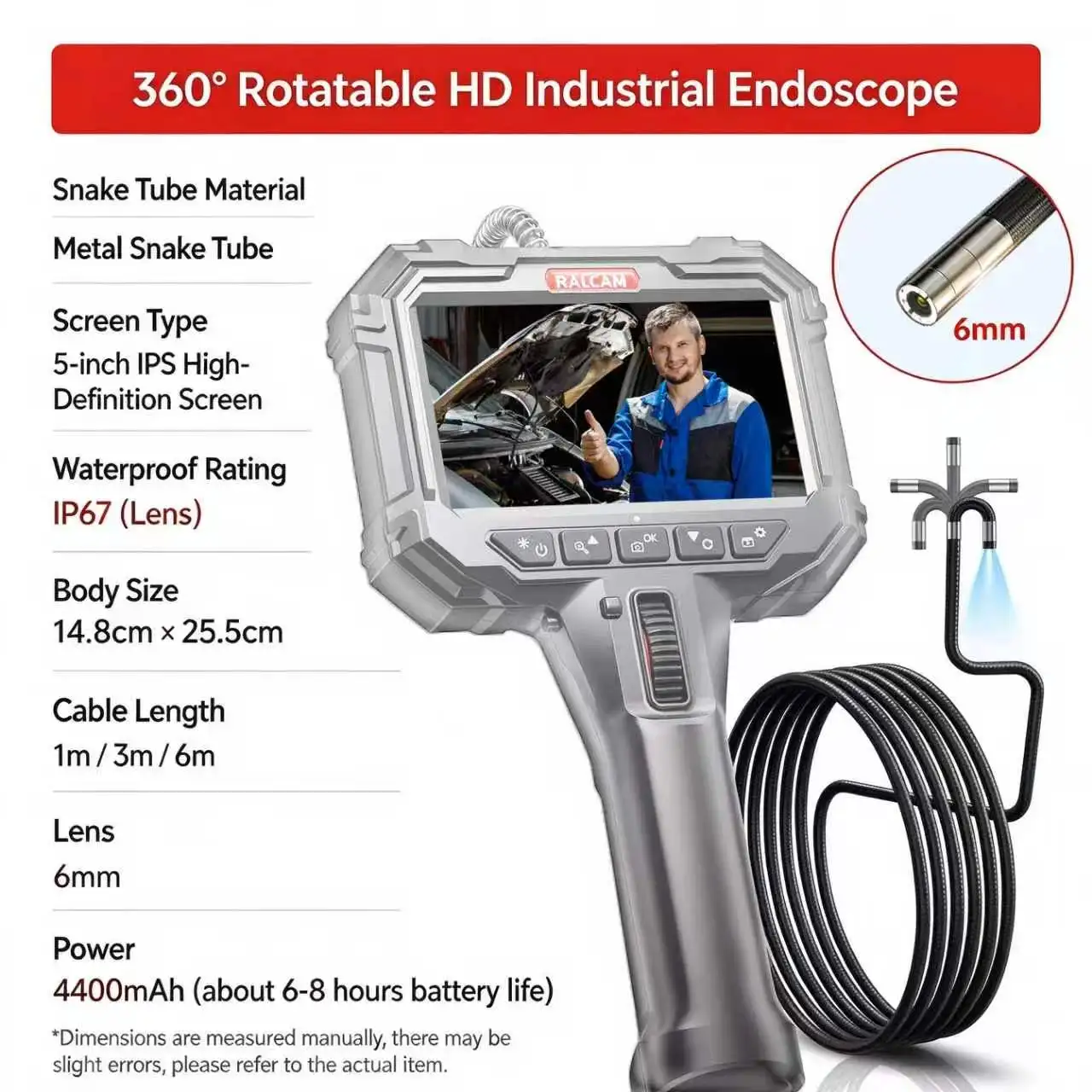 Tow-way 6.2mm Industrial Endoscope with 5 Inch HD Screen Two-Way Articulating Borescope for Mechanic Automotive HVAC Wall