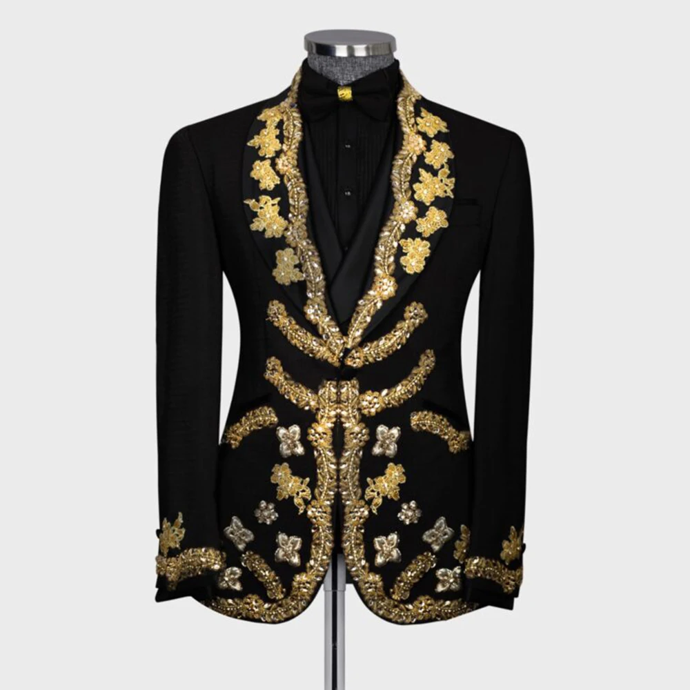 

Gold Beaded Stones Men Suit Attire For Wedding Single Breasted 3 Piece Set Groom Tuxedos Customized Banquet Man Business Blazers
