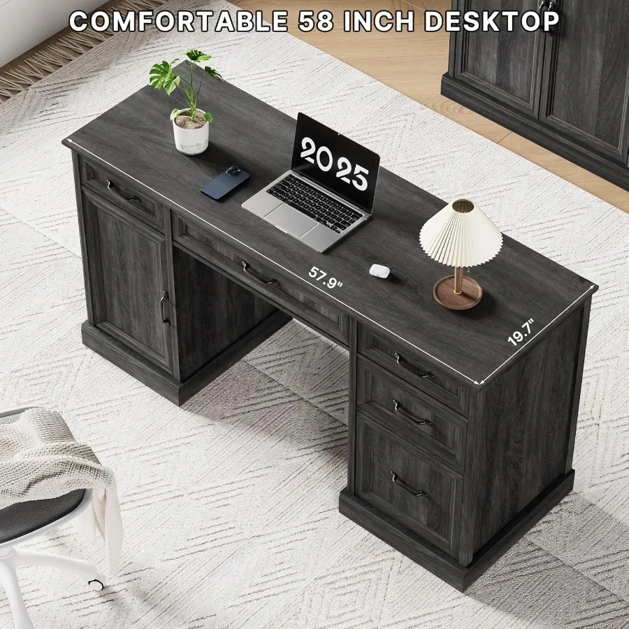 58 مزرعة مكتب تنفيذي خشبي مكتب منزلي مع أدراج خزانة ملفات منقوشة الملمس التخزين المنظم مكتب الكمبيوتر fo