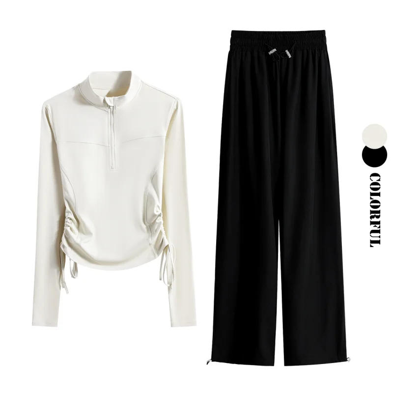 DRUR 2-częściowy zestaw do jogi dla kobiet z bluzą sportową z długim rękawem i sznurkiem bocznym oraz spodniami dresowymi, idealny na jesień, do biegania i na siłownię, rozmiary S-3XL