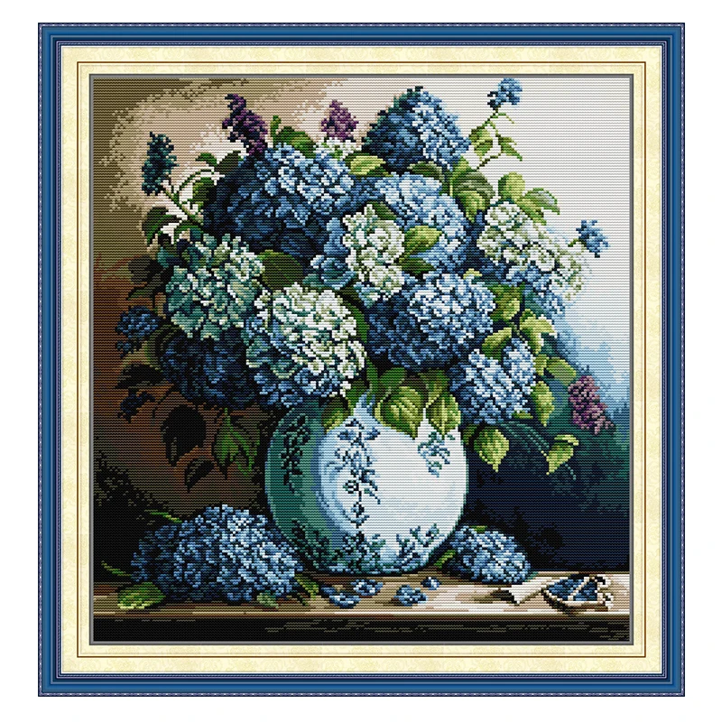 Blue Hydrangea Flower Patterns Counted Cross Stitch Set DIY 11CT 14CT 16CT Stamped DMC Cross-stitch Kit Embroidery Needlework