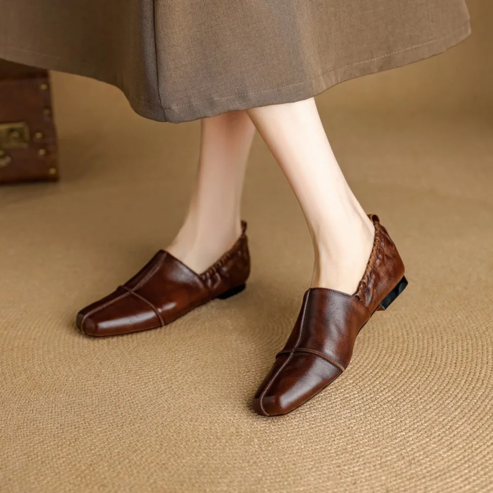 2026 Women's Genuine Cow Leather Flat Shoes Square Toe Soft Comfortable All-Season Daily Wear Flats
