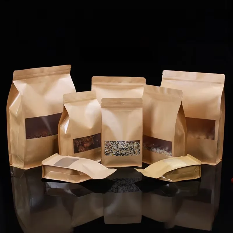 Bolsa de pie de papel Kraft marrón con ventana, embalaje de alimentos reutilizable, bolsa con cierre de cremallera para almacenar, galletas y aperitivos, venta al por mayor, 25/50 Uds.