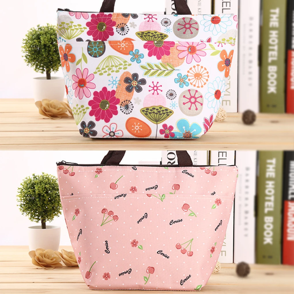 Thermal Cooler Lunch Box Bag Flower Print Pocket Foldable Handbag Work Navy