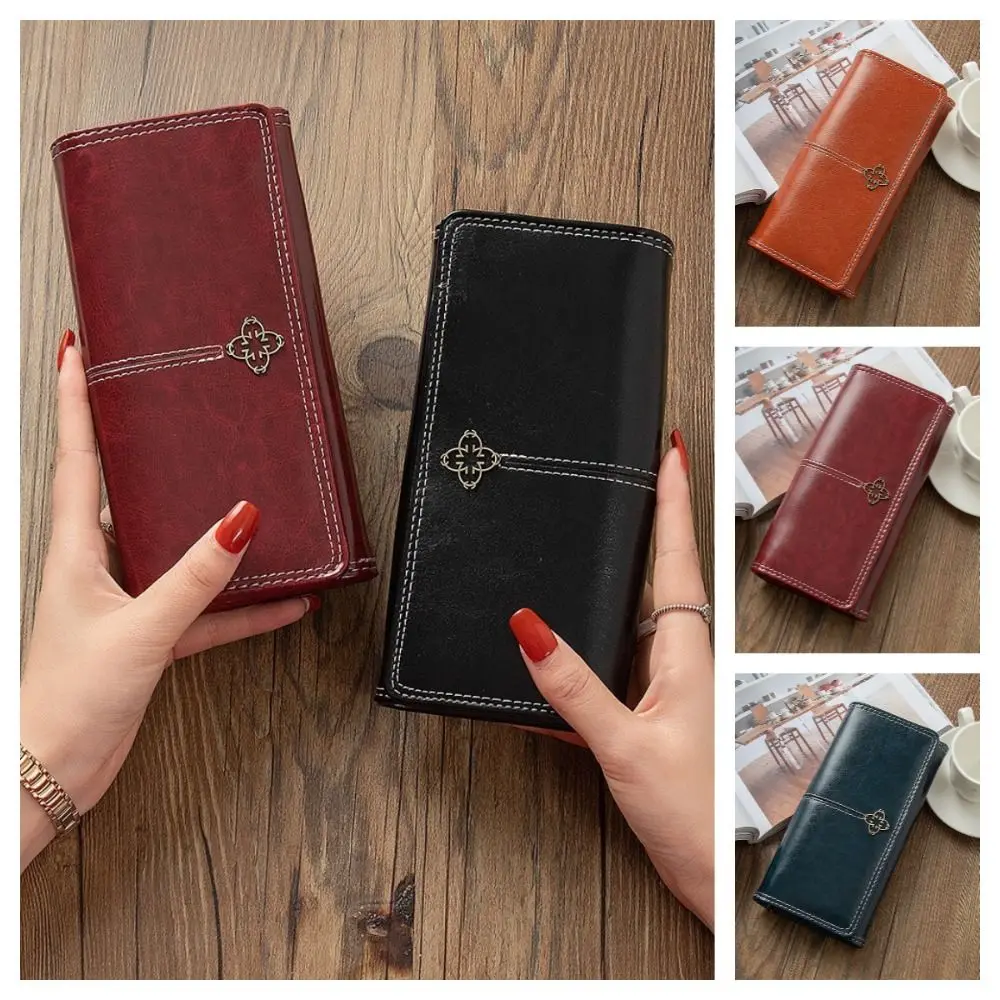

Waterproof RFID Blocking Folding Wallet Oil Wax Leather PU Leather Woman Long Purse Handheld Lightweight Credit Card Clutch Bag