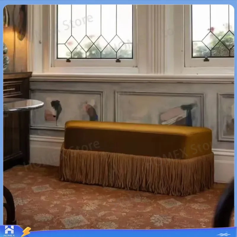 Luxury Velvet Ottoman Footstool French Style Upholstered Shoe Bench with Fringe Decoration Modern Storage Stool for Living