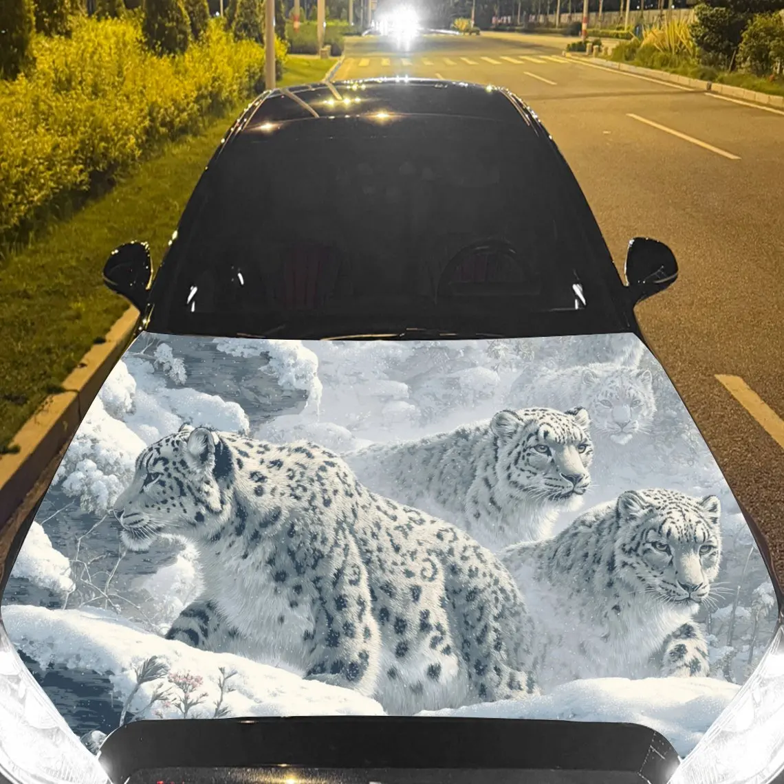 Car Decal Snow Leopard Group with Snowy Artistic Textured Motif in Wildlife-Realistic Style - Bold Terrestrial Natural Fantasy A