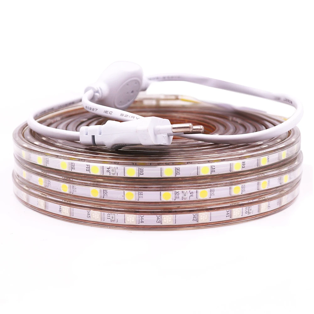 5050 SMD LED Light Strip 220V 110V Waterproof 60LEDs Flexible Tape Ribbon With ON/OFF Dimmer Switch Plug Waterproof Stripe Rope