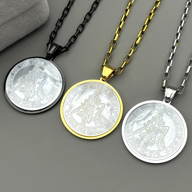 

Natural Shell Knight Shield Sword Pendant Necklace for Women Men Gold Silver Color Stainless Steel Christian Bible Jewlery Gift