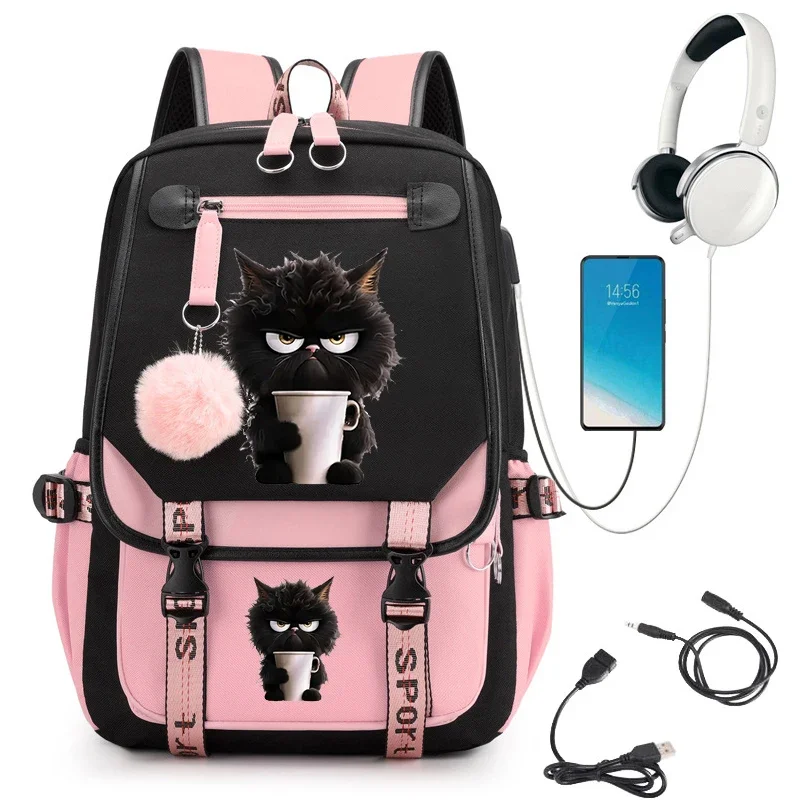 Mochila escolar de café de gato negro para niñas, mochila de estudiante de secundaria de gran capacidad, bolsa de dibujos animados, bolsas Usb