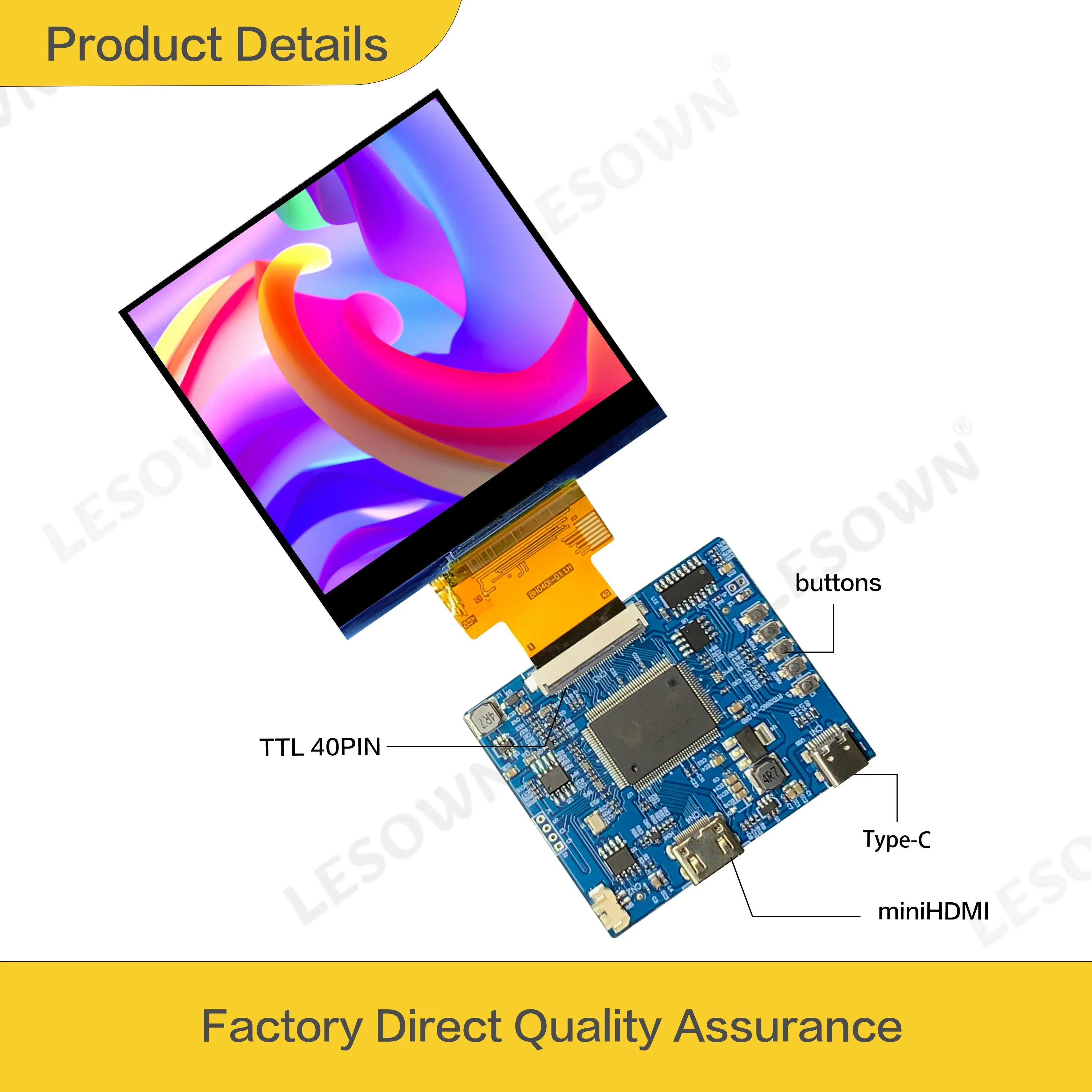 LESOWN 4 inch LCD Display Module 480x480 IPS HDMI Type C Interface 3SPI+18RGB 40PIN mini Small Screen with Driver Board