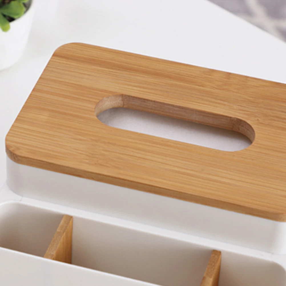 

Multifunctional Plastic Bamboo Tissue Box Desktop Organizer For Home Office With 3 Compartments White Modern Style Easy Clean No