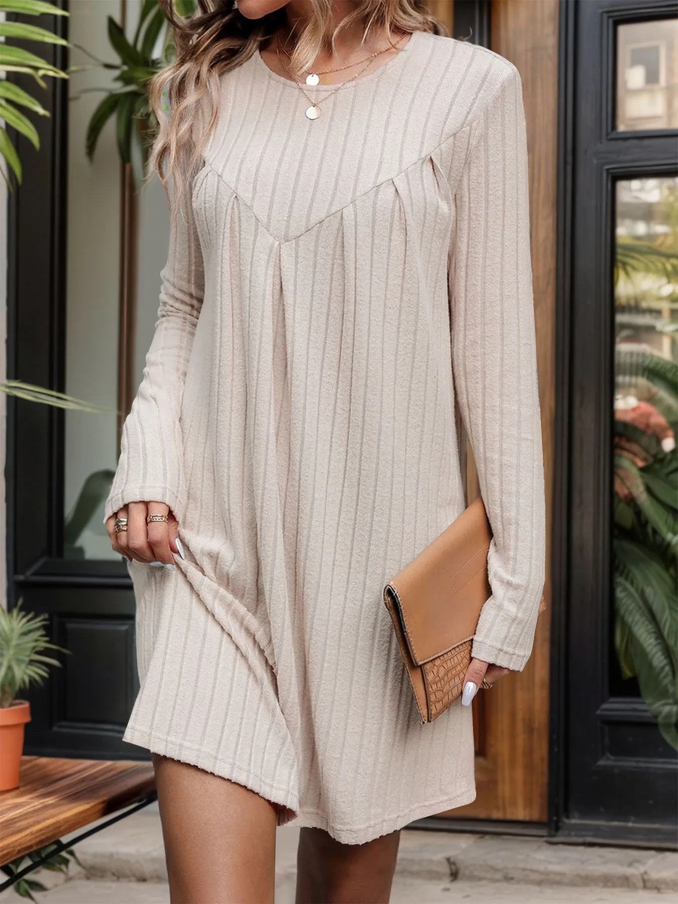 Autumn and Winter Brushed Pit Striped Knitted Skirt Long Sleeved Woolen Dress Pleated Patchwork Dress