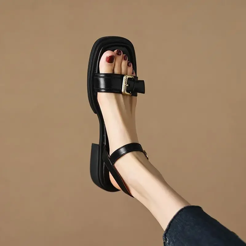 Flat Leather One Word Buckles Summer 2024 Sandals For Woman Footwear Open Toe With Low Heels Women\'s Shoes Young On Sale Offer H