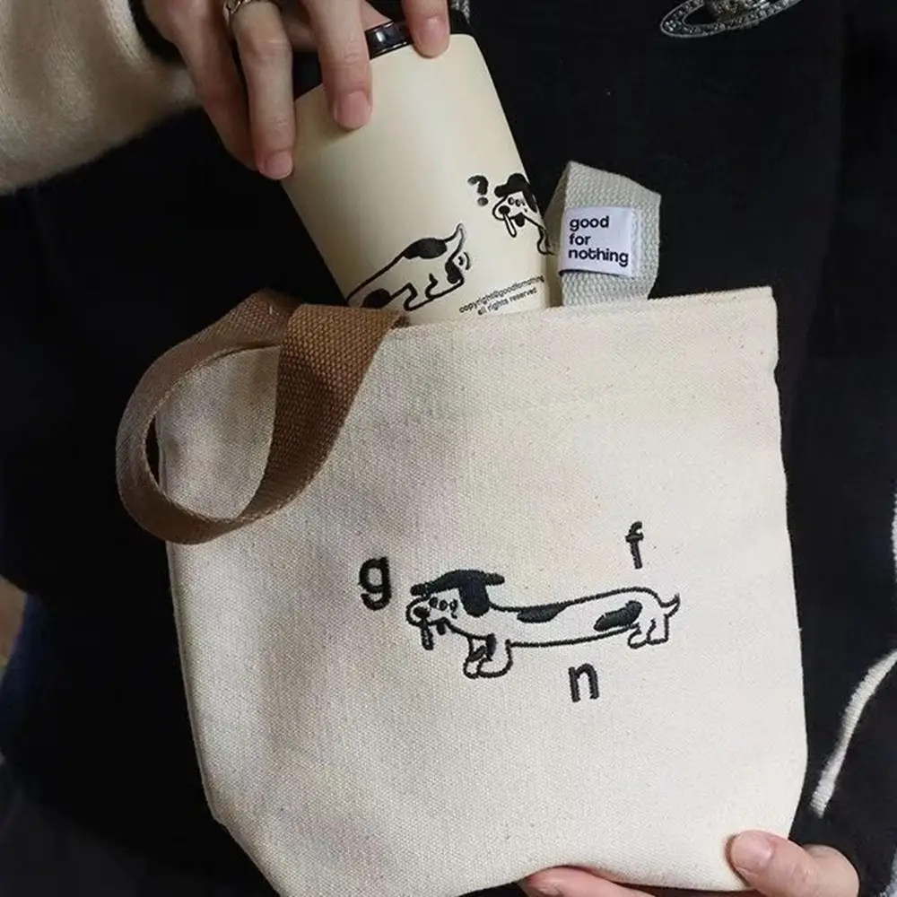 Bolsa de lona con bordado de perro Kawaii, bolso de mano de dibujos animados, bolso de almacenamiento de artículos diversos, bolso de mano pequeño de estilo japonés, Unisex