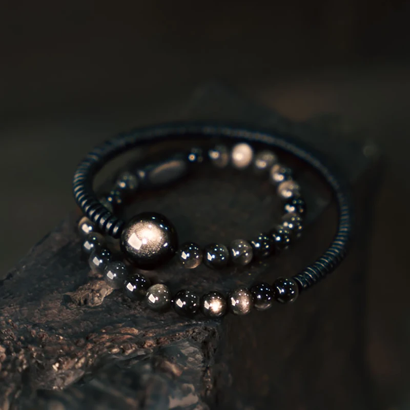 Two Row Obsidian Stone Beaded Bracelet Ebony Black Wood Natrual Stone Row Beaded Couple Simple Men Women Fashion Jewelry