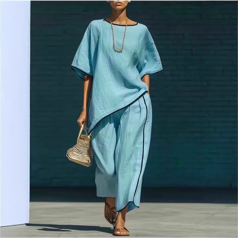

Vacation Outfits Women's Two Piece Set Short Sleeve Irregular Hem Top And Wide Leg Pants Summer Casual Simple Loose Suit