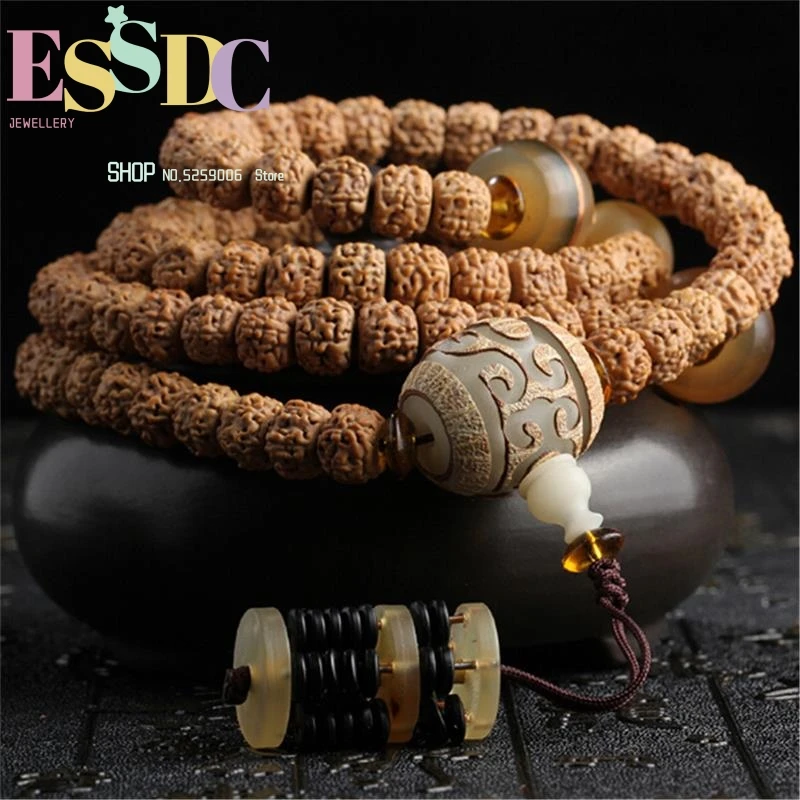 High Quality Natural Five Petal Exploded Stripes Rudraksha 108 Bodhi Beads Prayer Bracelet Sheep Horn Charm Hand String Dropship