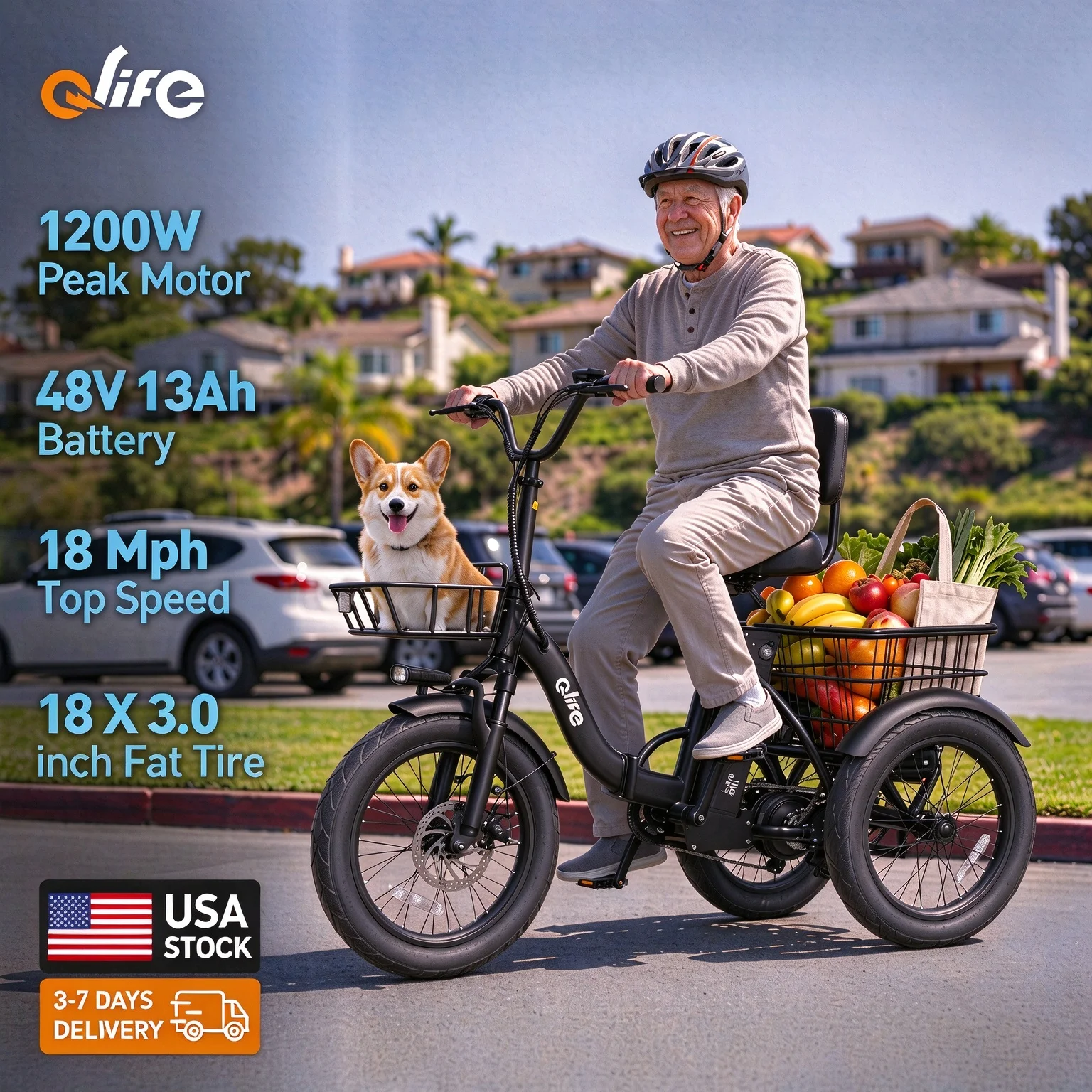 Qlife Triker 2.0 Folding Electric Trike, 1200W Motor 48V 13AH Removable Battery, 18''X3