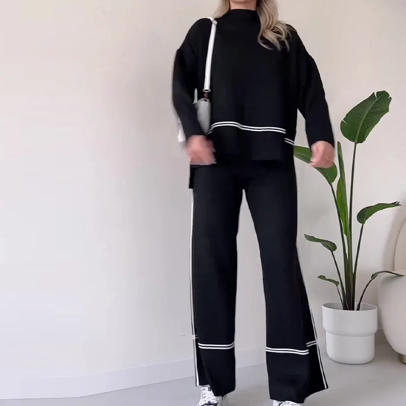 Women Panelled Knit Pullover Pants Home Suit Long Sleeve Turtleneck Top Wide Leg Pants Female 2 Piece Set Loose Lady Outfits New