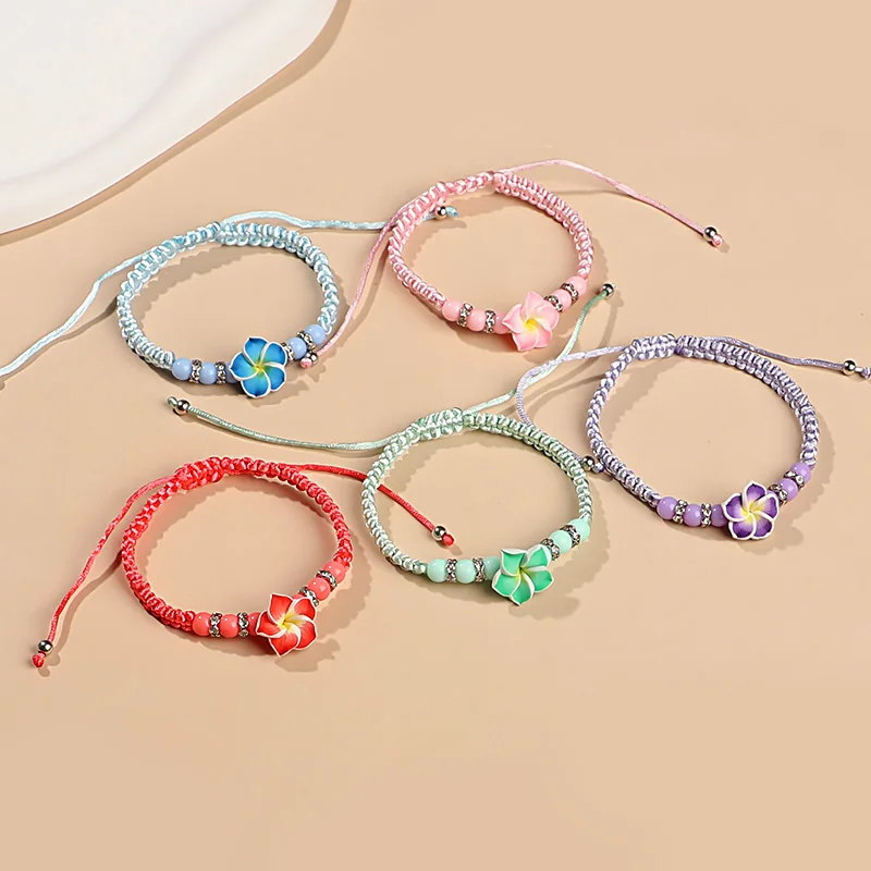 5pcs Colorful Egg Flower Adjustable Weaving Bracelet Ceramic Bohemian Hand Rope Fashion Hawaiian Party Girl Jewelry Accessories - view 3