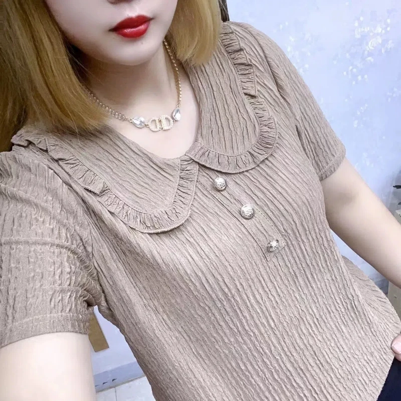 Peter Pan Collar Solid Color Pullover Button Summer Short Sleeve T-shirt Women\'s Clothing Casual Loose Summer All-match Tops