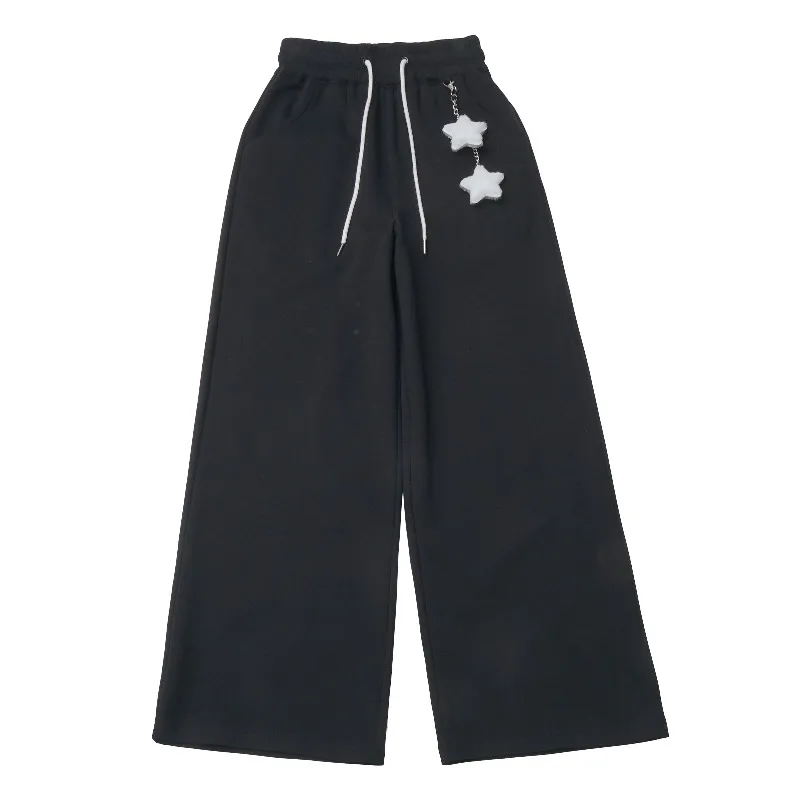 Fashion New Cool Straight Wide-Leg Stretchy Draped Autumn Winter Sweatpants Black Gray Slimming Trousers With Pendant For Ladies