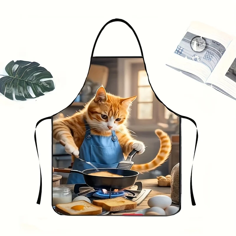 1pc Playful Orange Cat Chef Apron with Blue Pockets  Fun Kitchen Design, Polyester Fabric, Adorable Cooking Cat Illustration