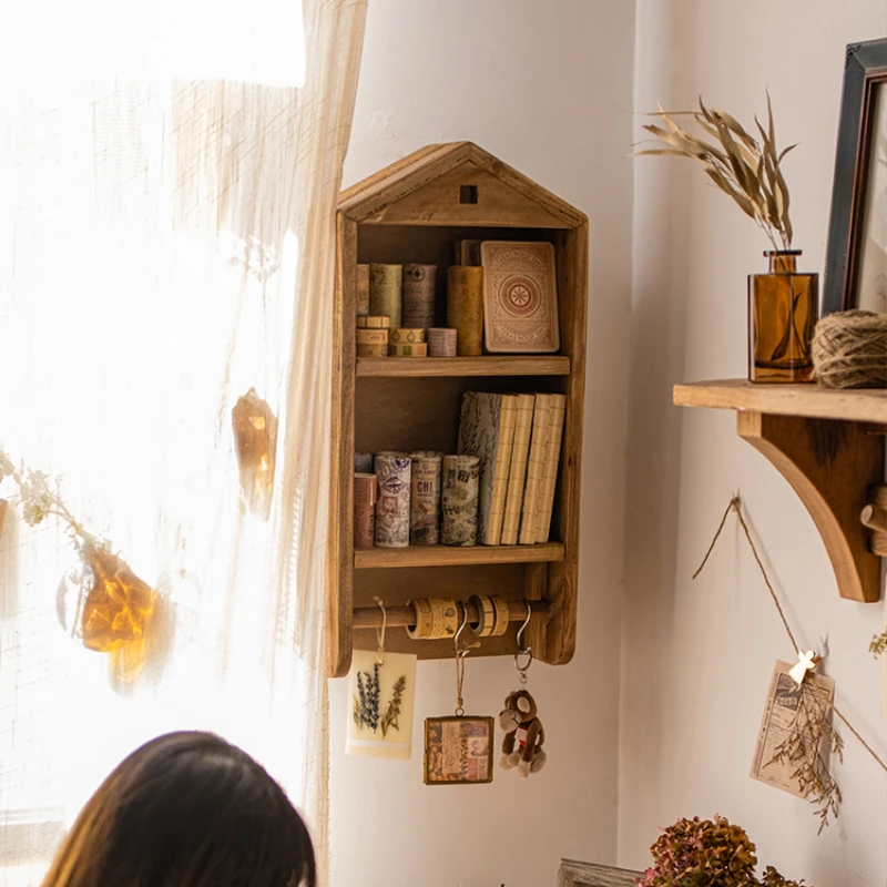 

Cut pipe solid wood wall mounted storage rack with grid kitchen wall cabinet living room children's room Organization Holders