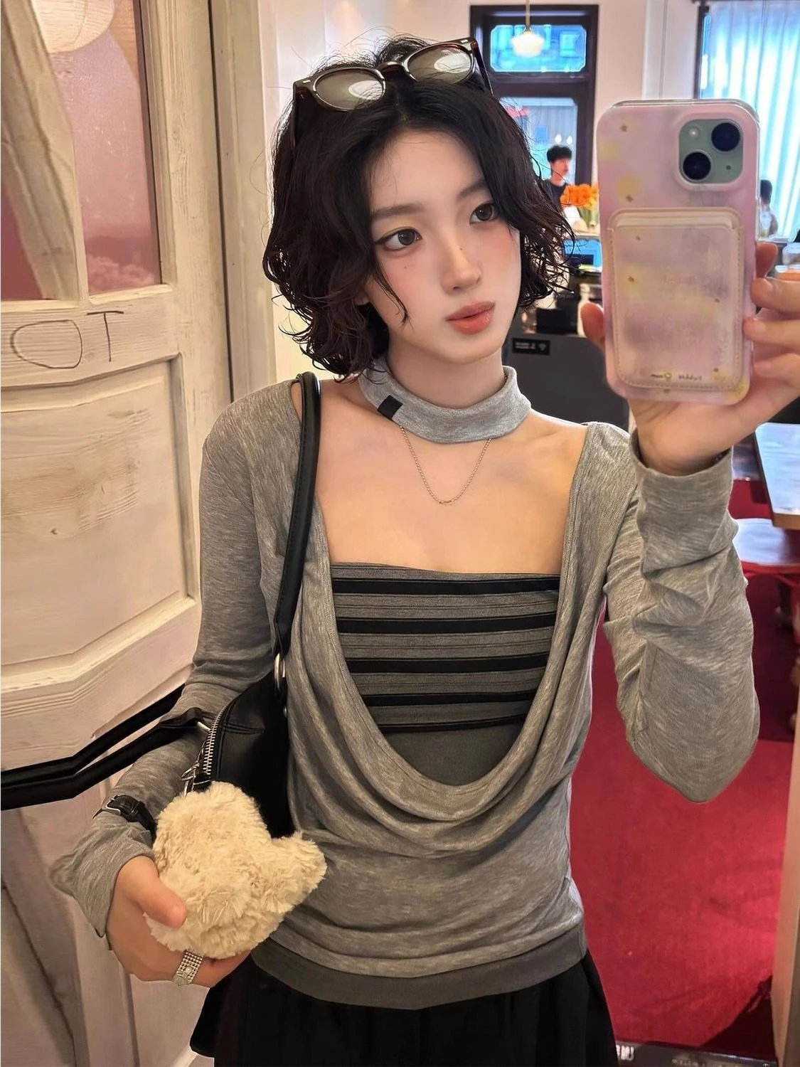 Korean Fashion Y2k Slim American Vintage Blouse Office Lady Harajuku Tops and Tees Fake Two Piece Long Sleeve T-shirts Women