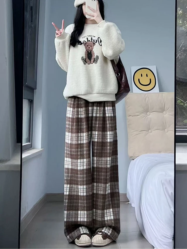 Retro xadrez de lã do falso calças largas perna feminina inverno grosso cintura alta solta calças casuais y2k streetwear todos os jogos misturados