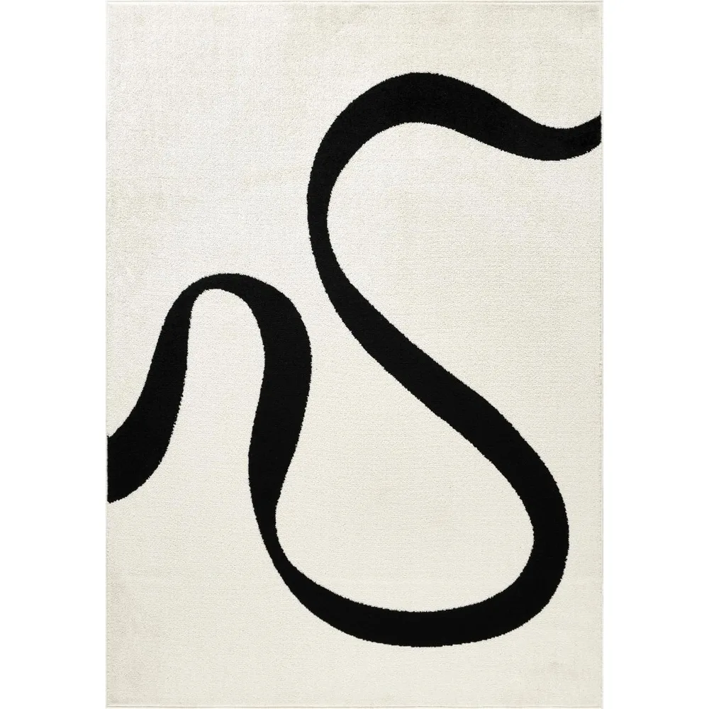 Black and Cream Abstract Area Rug 8x10 ft, Geometric Wave Design for Living Room Bedroom Office