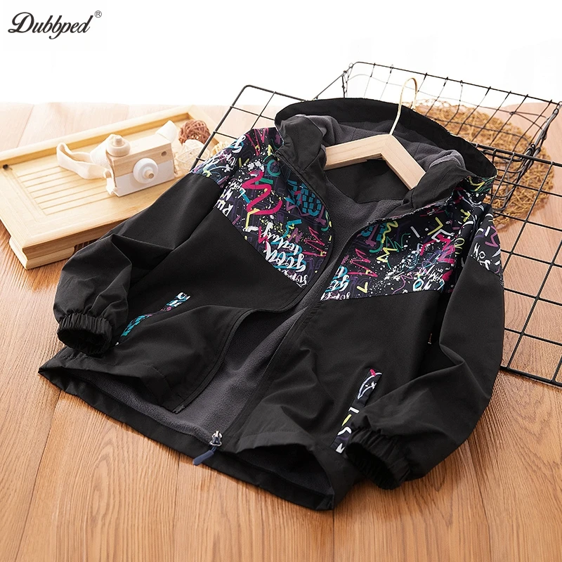 Dubbped Kids Jacket for Boys Reflective Zipper Design Coat Windbreaker Outerwear Polar Fleece Waterproof Clothes Raincoat 3-14Y