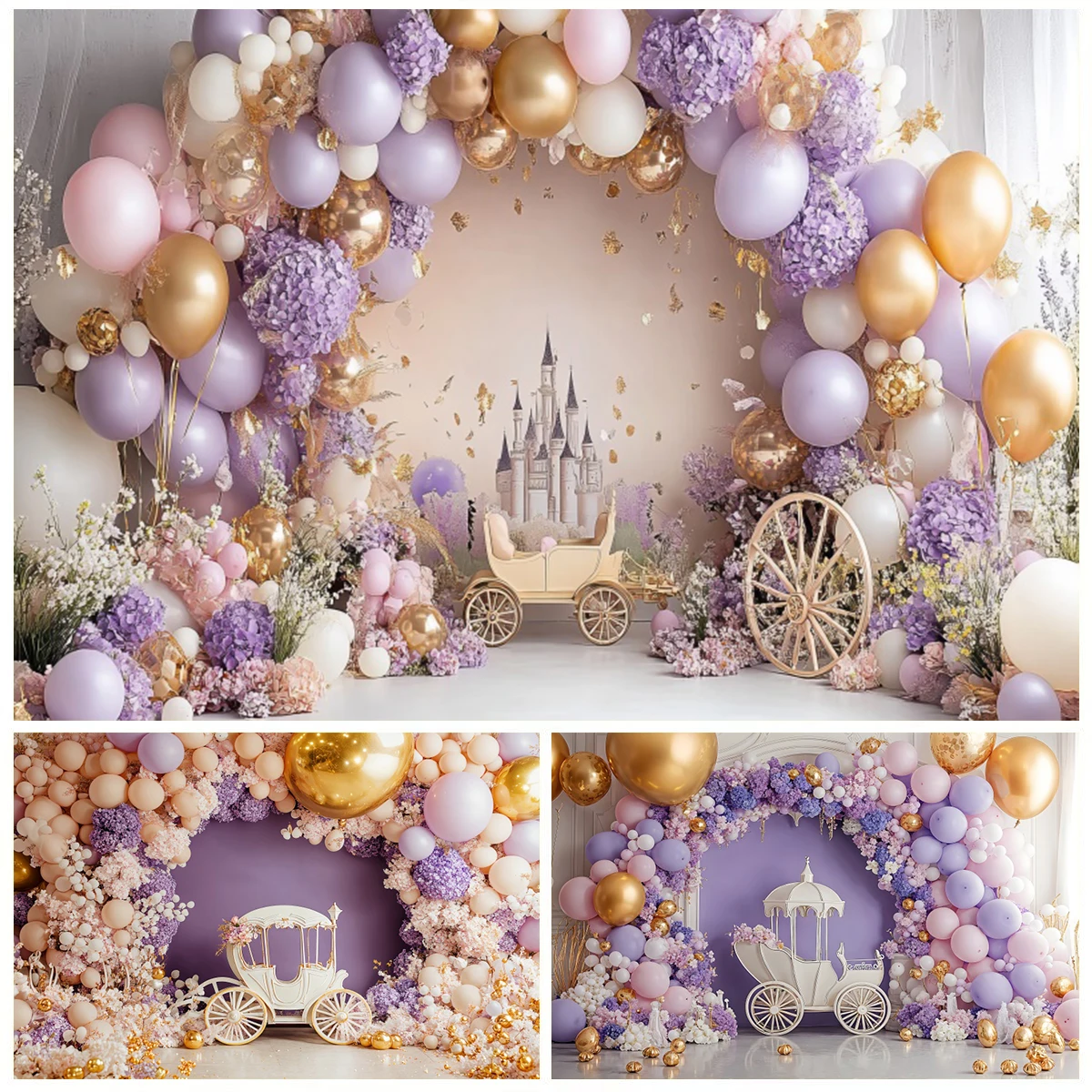 

Castle Princess Photography Backdrop Purple Balloons Flowers Floral Arch Girls Birthday Party Background Decor Photo Studio Prop