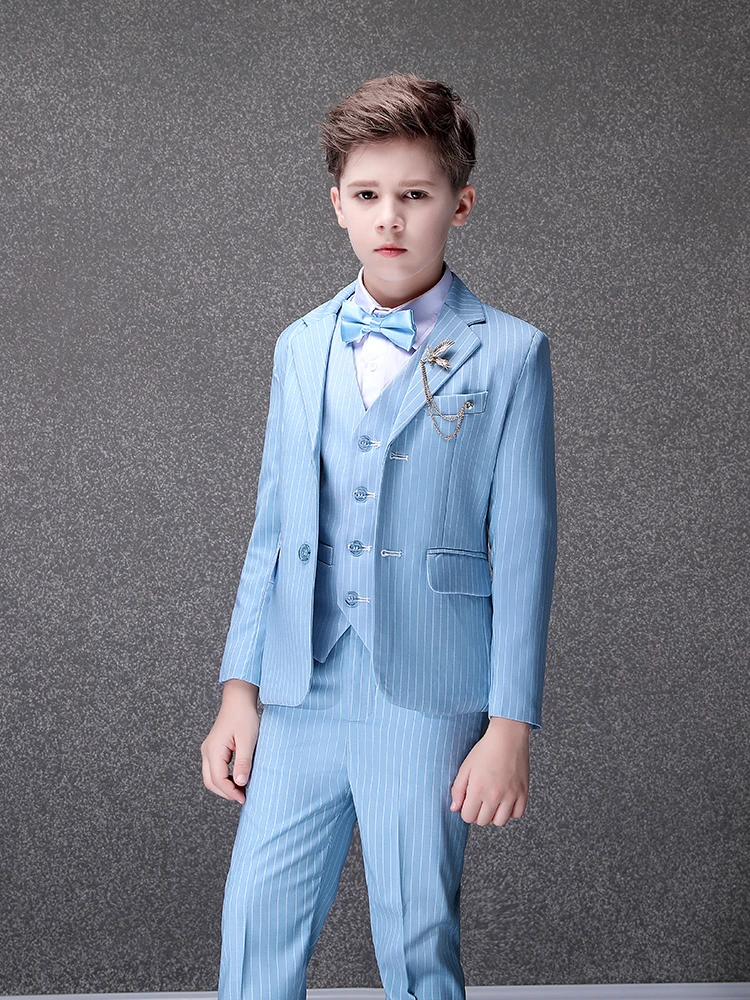 Children Luxurious Light Blue Photograph Suit Flower Boys Jacket Vest Pants Bowtie 4PCS Wedding Dress Teen Kids Tuxedo Costume