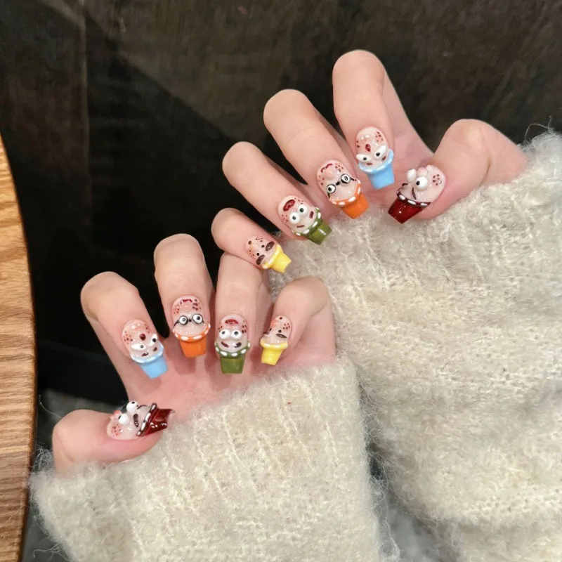 

Handmade Cartoon Quirky Cute False Nails Press on Colorful 3d Ugly Square Nail Tips French Press on Nails Set with Box and Tools