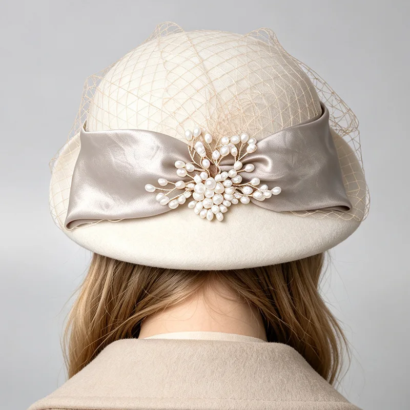 2026 New Women Bow Beret Hat, Autumn‑Winter Wool Felt Elegant Tulle Mesh Banquet Party Hat